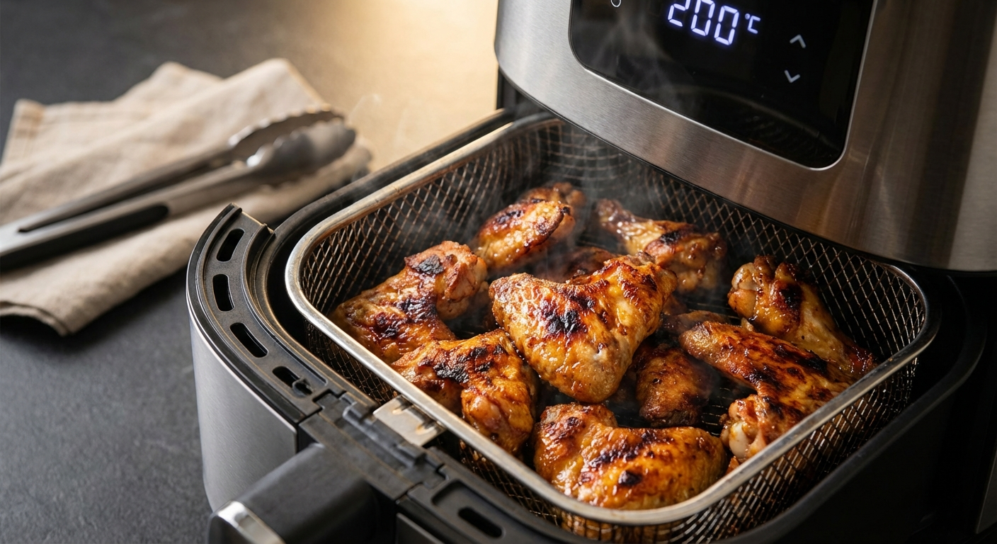 Air fryer basket with crispy chicken wings showing golden-brown colour at 200°C