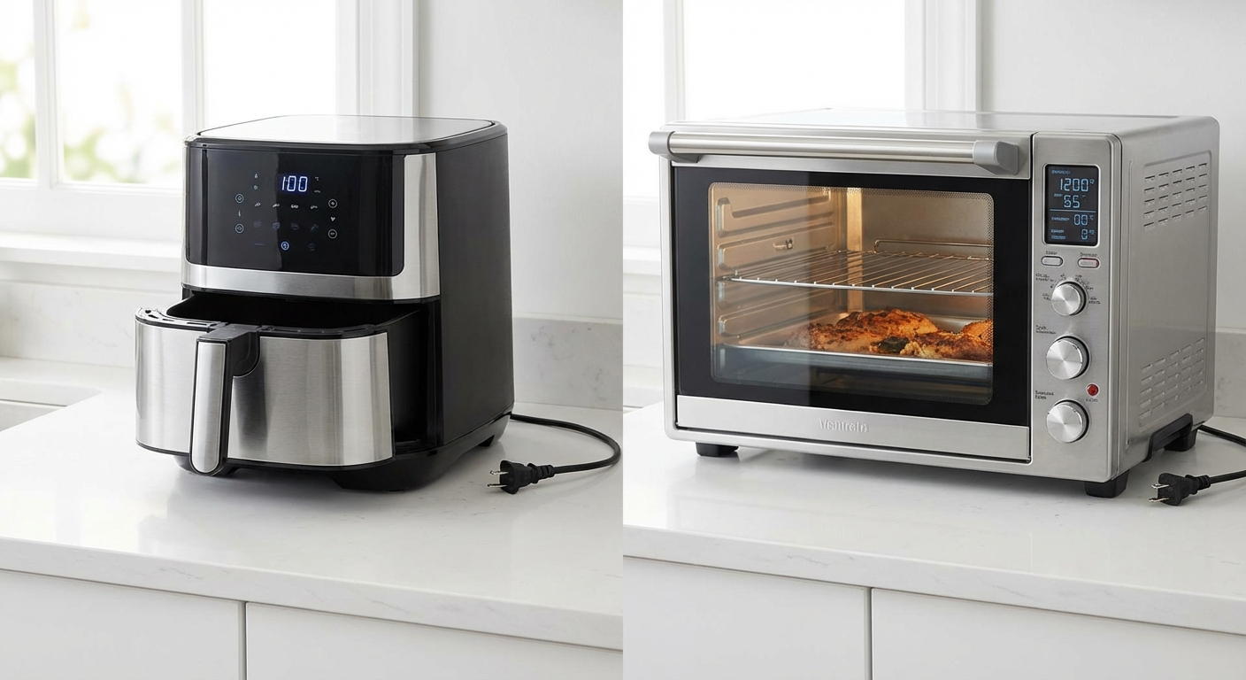 Cross-section diagram showing air fryer versus convection oven internal airflow side by side