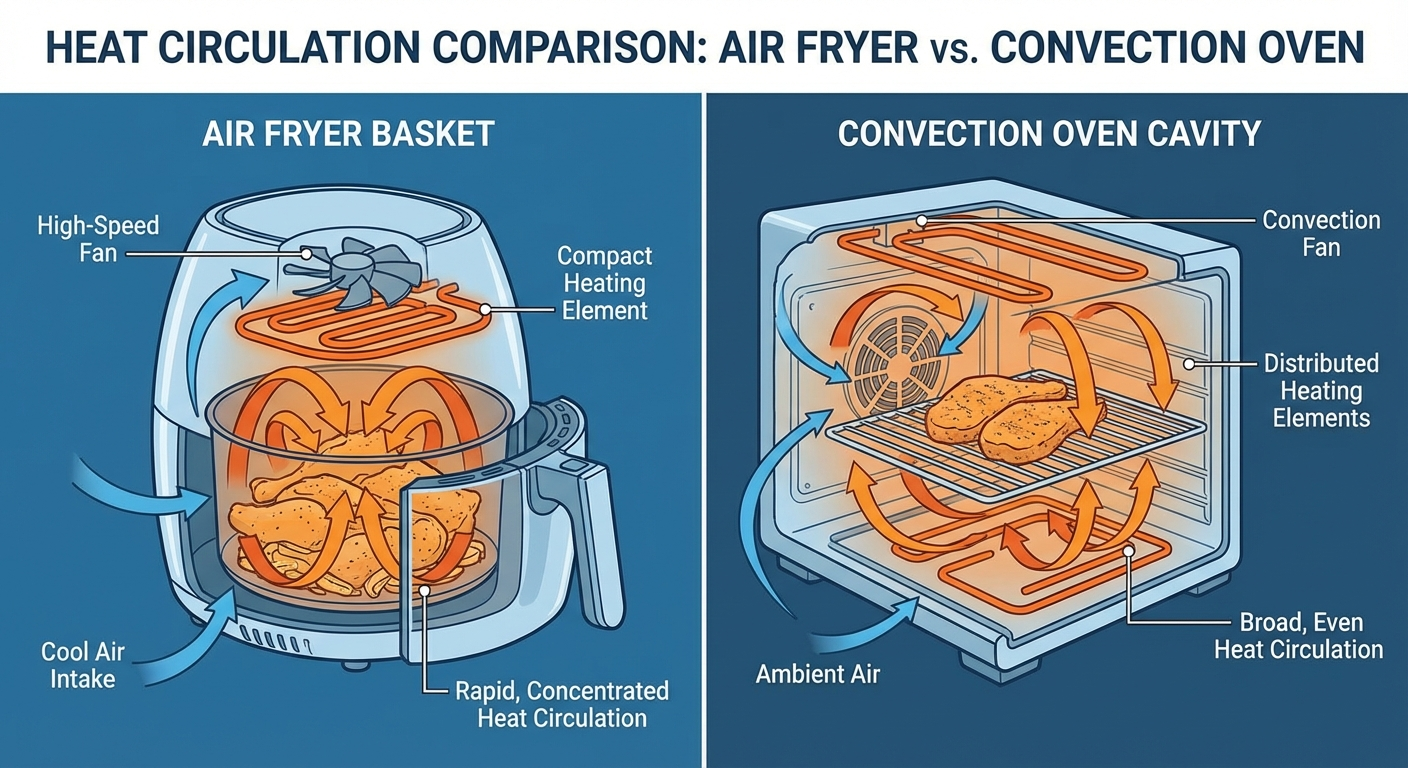 Infographic comparing air fryer and convection oven across speed, capacity, crispiness, energy use, price, and versatility