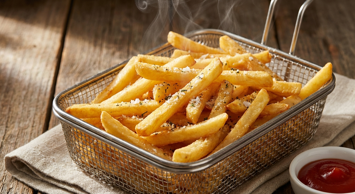 Golden crispy french fries in an air fryer basket next to roasted vegetables from a convection oven