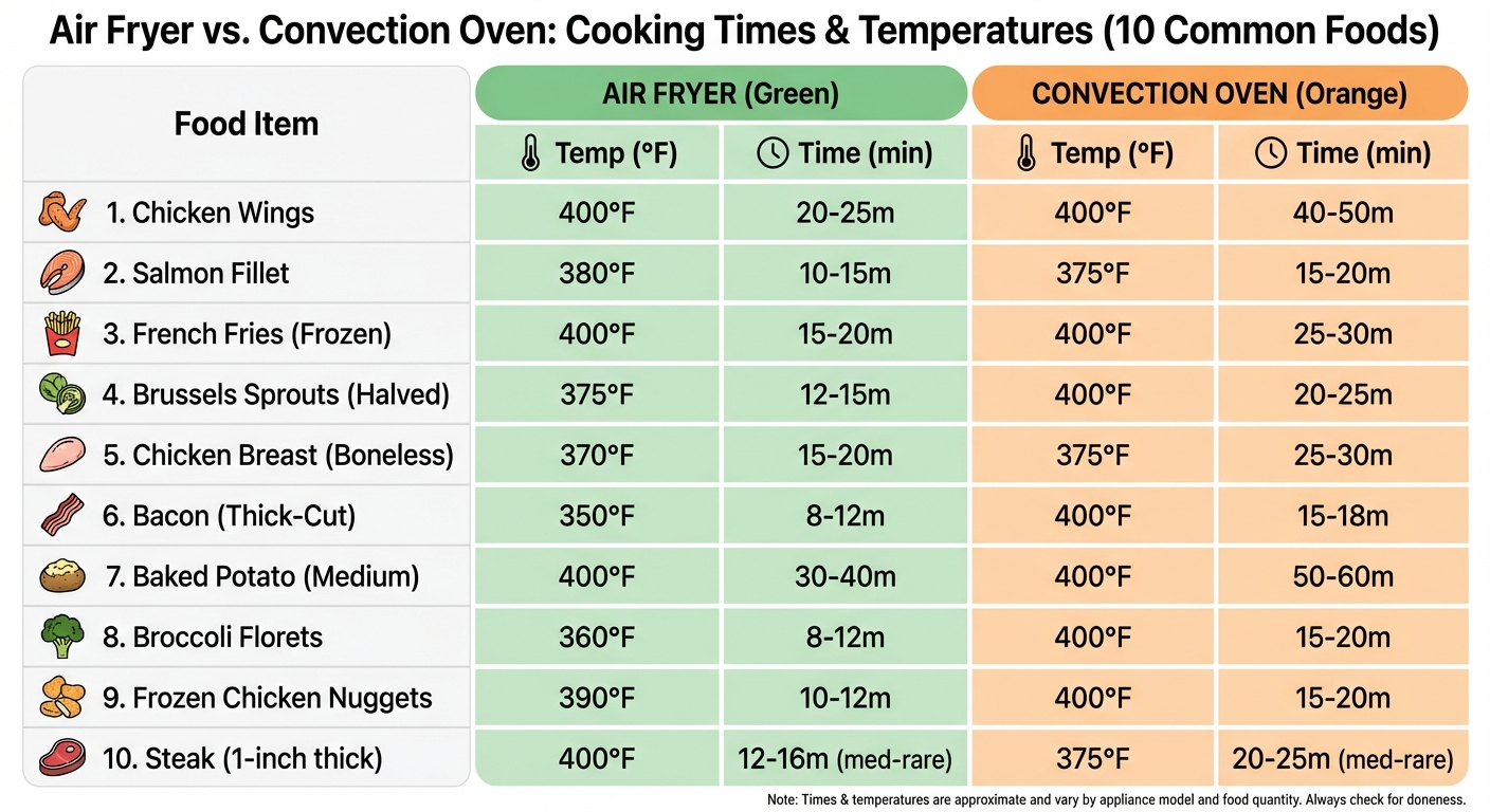 Modern kitchen countertop showing an air fryer and a countertop convection oven side by side for size comparison