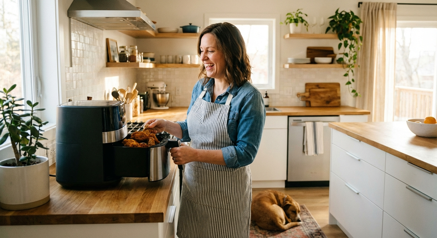 Person easily removing an air fryer basket for cleaning at a kitchen sink