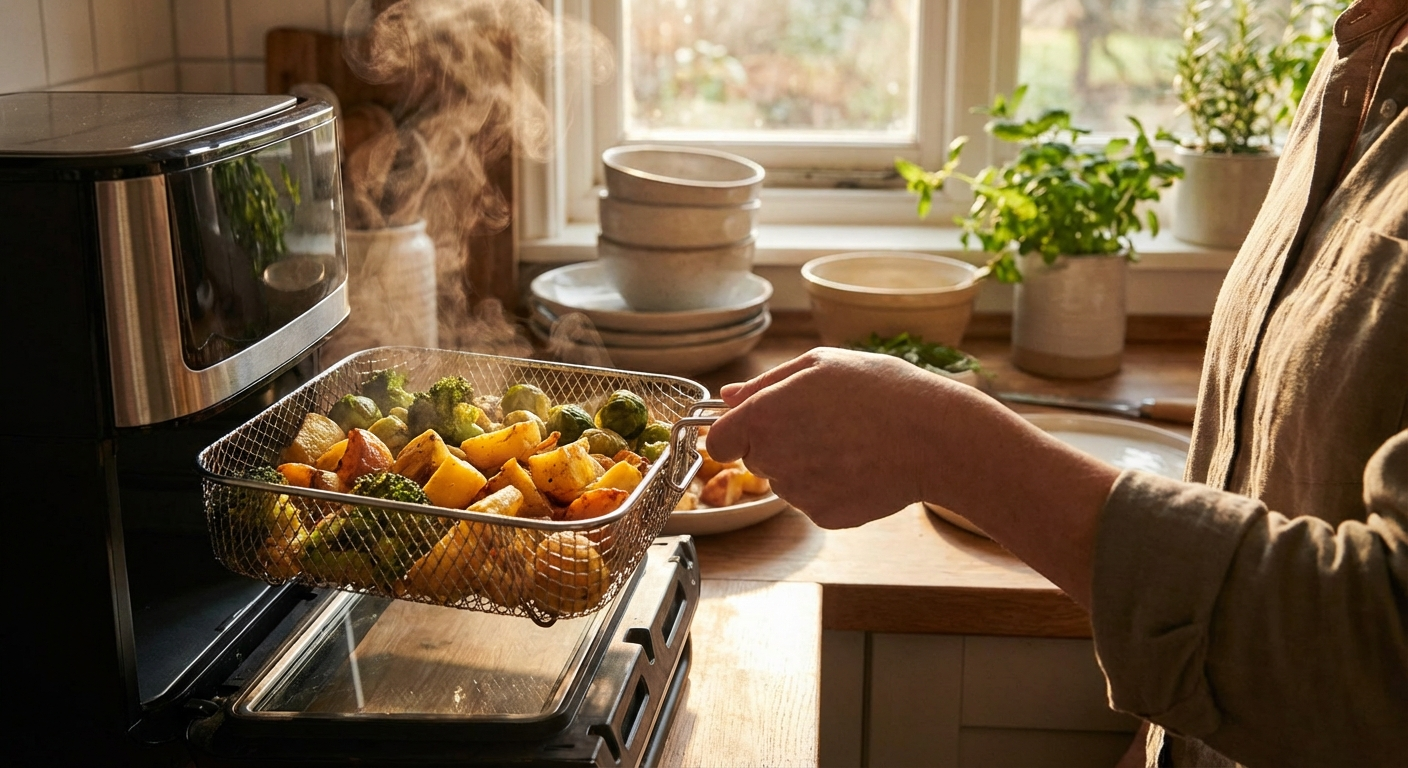 Air fryer and convection oven cooking results compared side by side on a dinner table