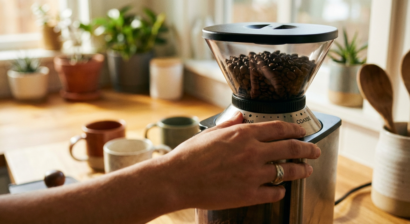 Adjusting the grind setting dial on a burr grinder for different brew methods