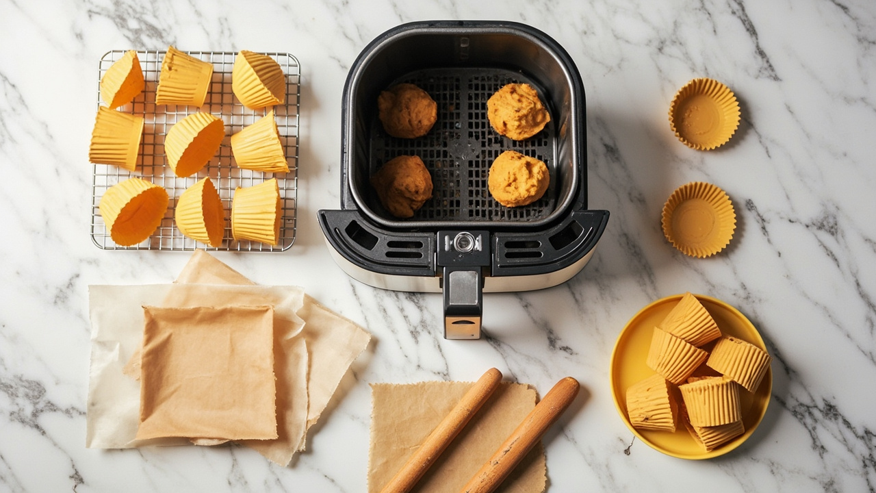 Air fryer baking accessories spread out on counter