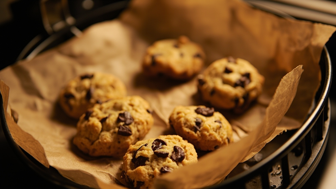 Air fryer with freshly baked cookies on parchment paper in the basket