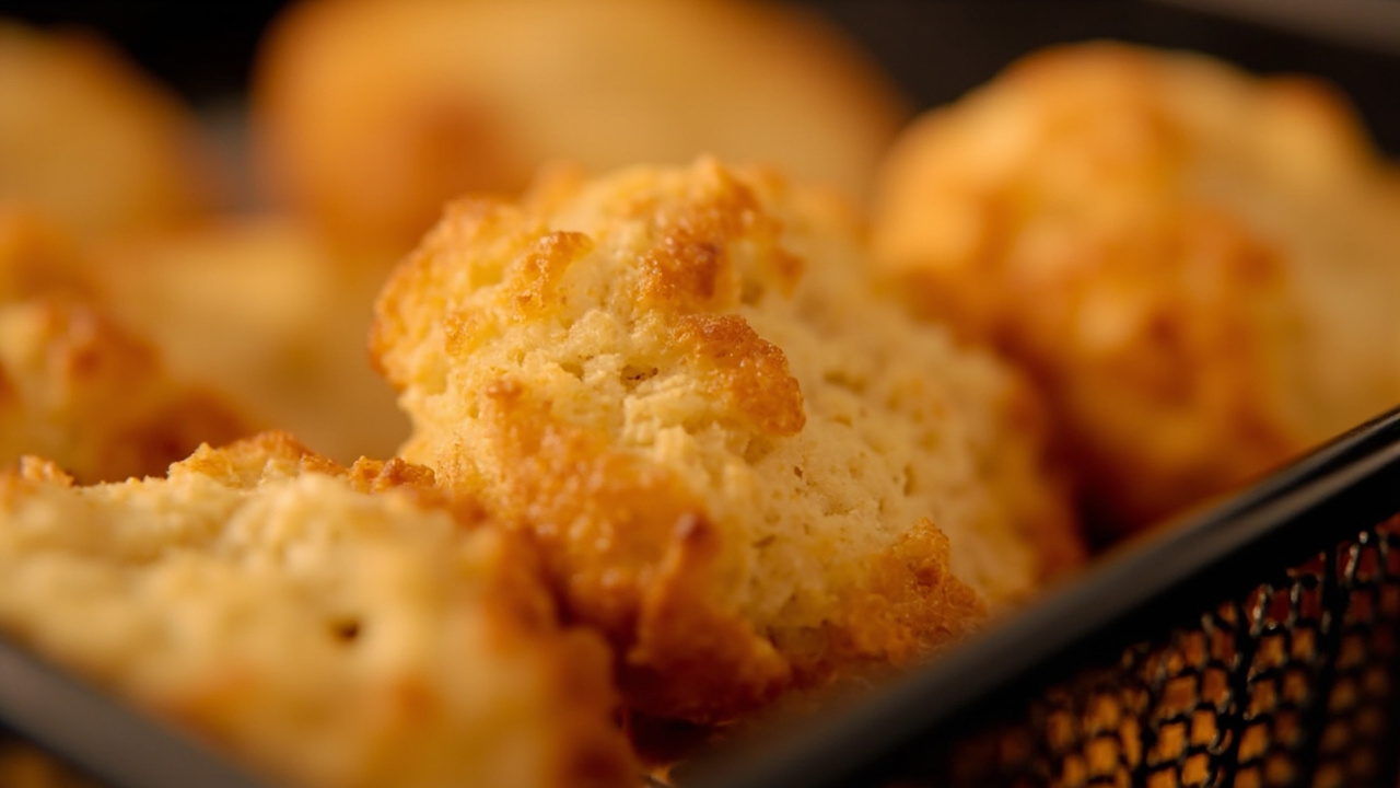 Fresh biscuits golden brown in an air fryer basket