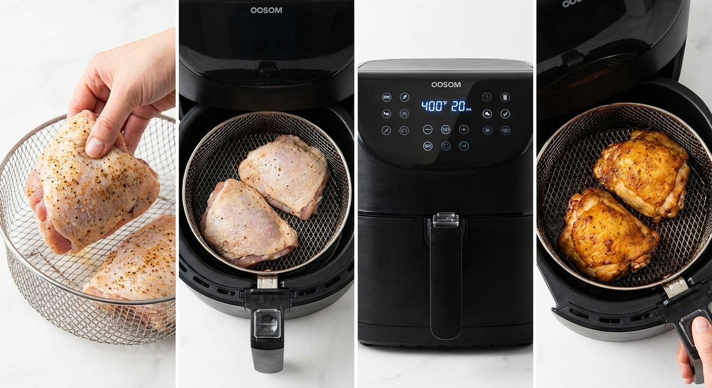 Step-by-step process of cooking chicken thighs in air fryer basket