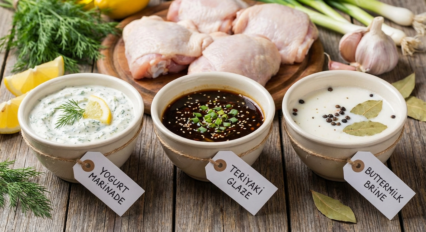 Three flavour variations for air fryer chicken thighs showing different marinades