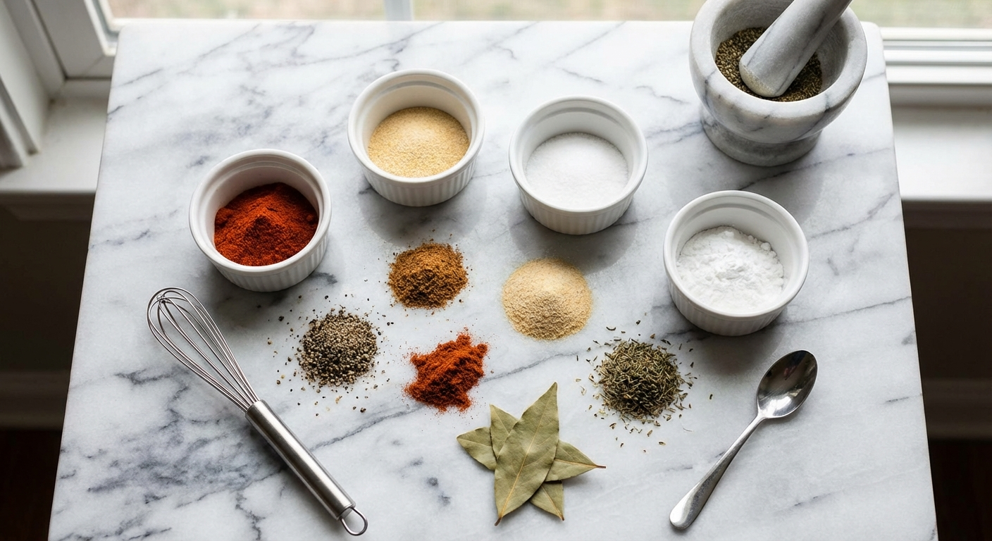 Crispy skin rub ingredients including baking powder and spices for air fryer chicken thighs