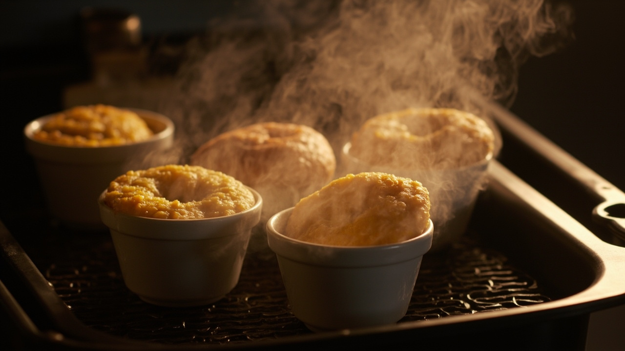 Mug cake baking in an air fryer ramekin