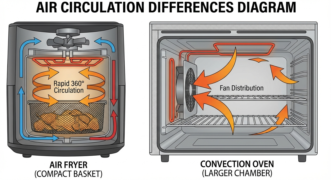 Airflow diagram: air fryer compact basket with rapid 360-degree circulation vs convection oven with wider fan distribution