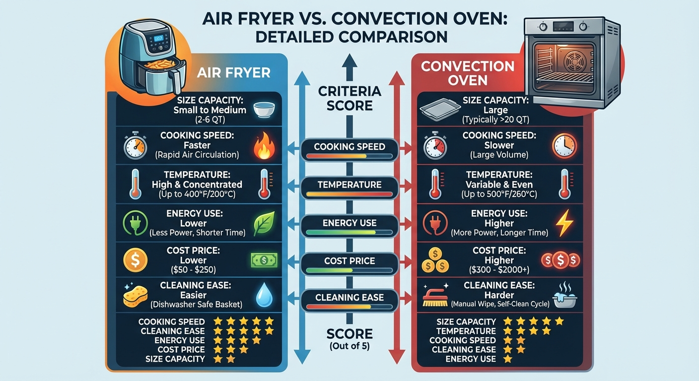 Air fryer vs convection oven comparison infographic — size, speed, crispiness, capacity, energy, and cost scored side by side
