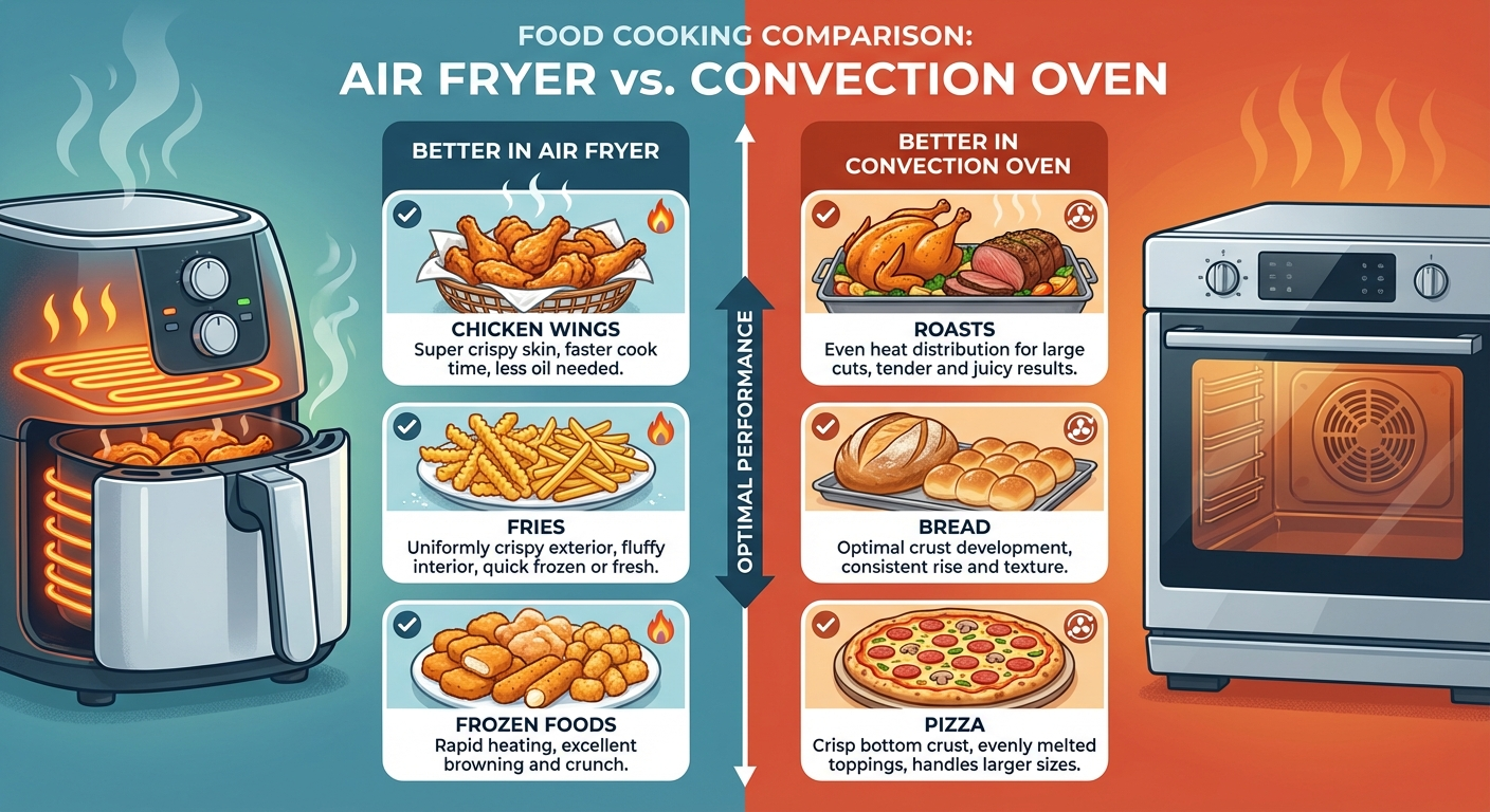 Chart comparing which foods cook better in an air fryer versus a convection oven
