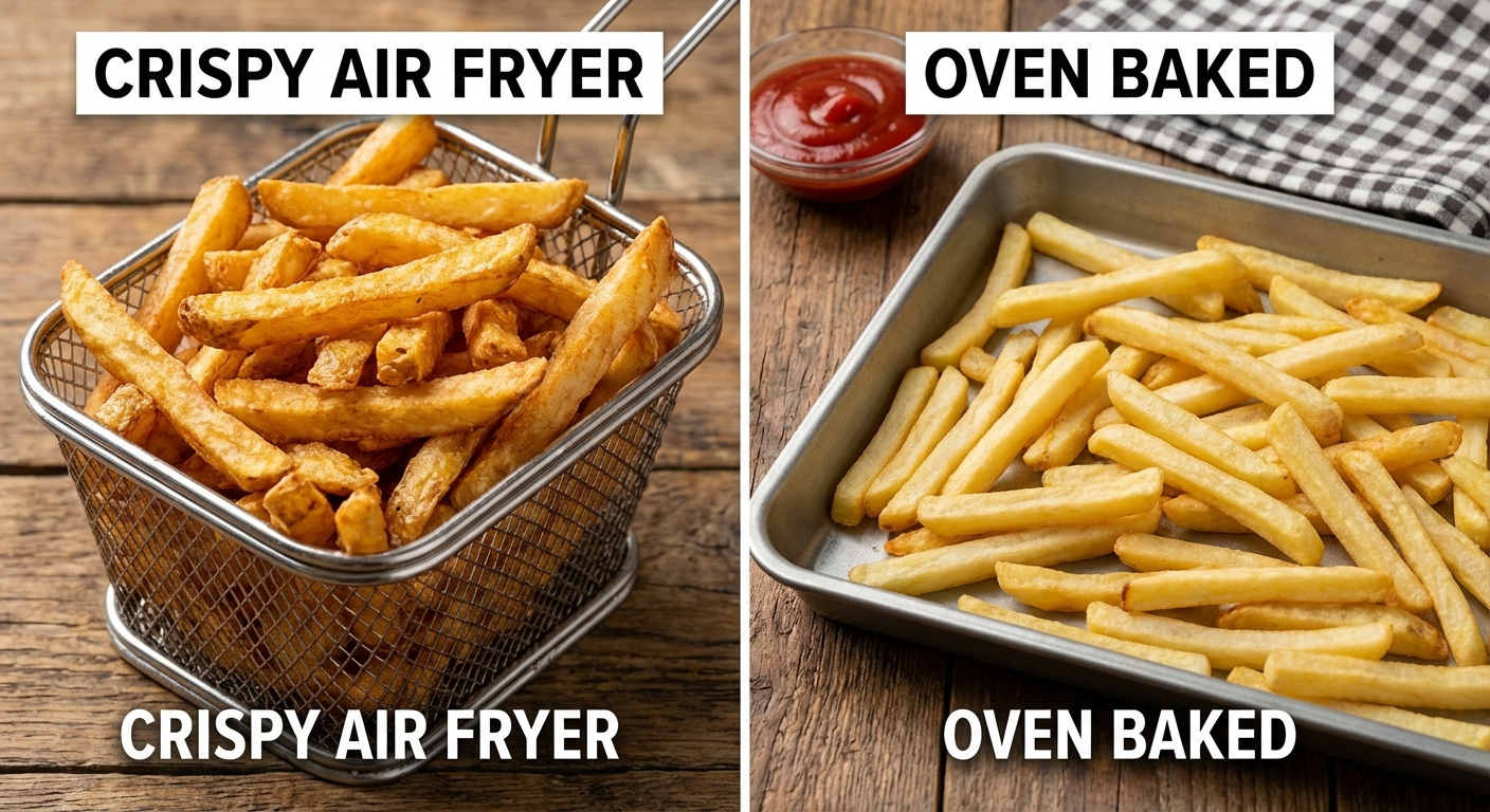 Side-by-side food comparison: crispy golden fries from an air fryer basket versus fries from a convection oven