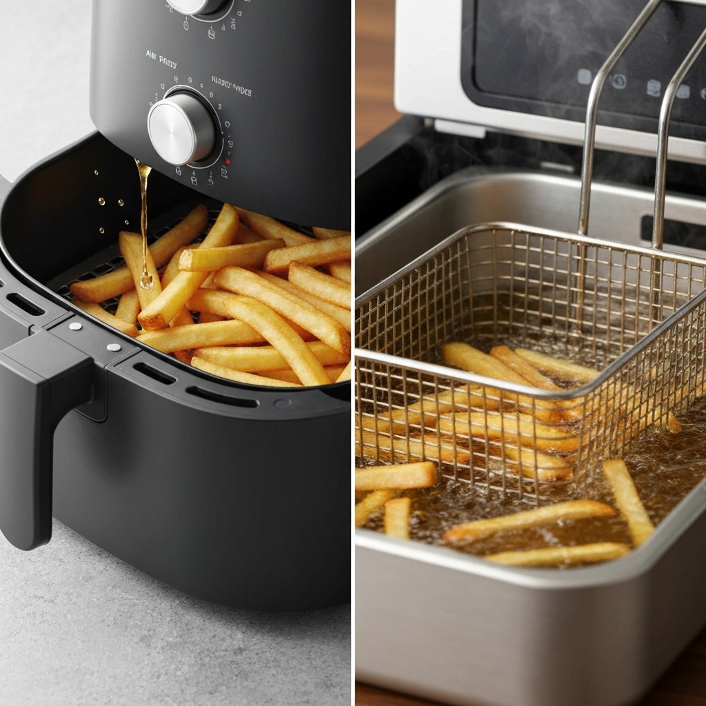 Air fryer vs deep fryer side by side comparison showing crispy chicken and chips from both methods