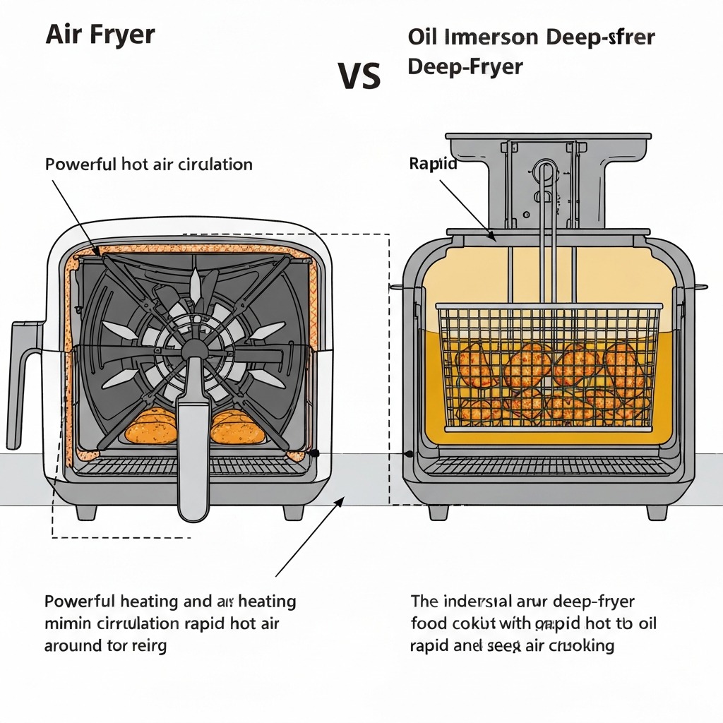Air fryer vs deep fryer cooking mechanism infographic showing hot air circulation vs oil immersion methods