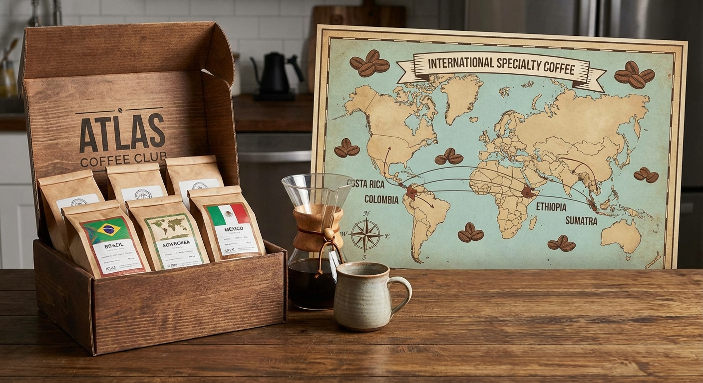 Atlas Coffee Club subscription with world map, postcard, and single-origin bag