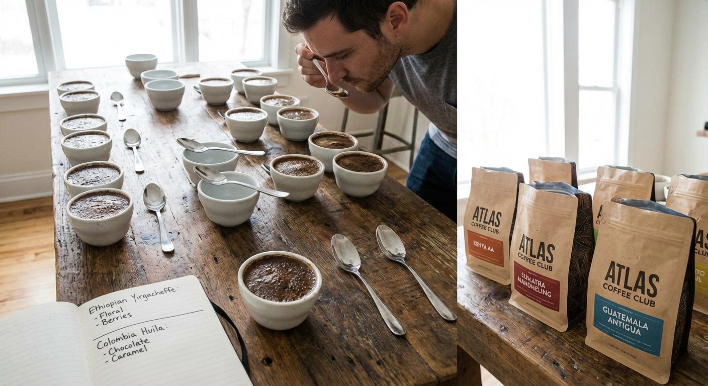 Testing setup with cupping bowls, grinder, and tasting notes