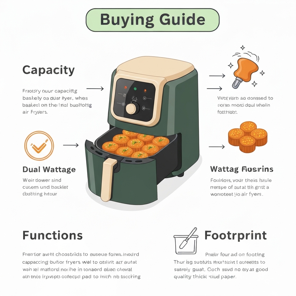 Illustrated buying guide infographic showing the key factors to consider when choosing a dual basket air fryer: capacity, wattage, functions, and footprint
