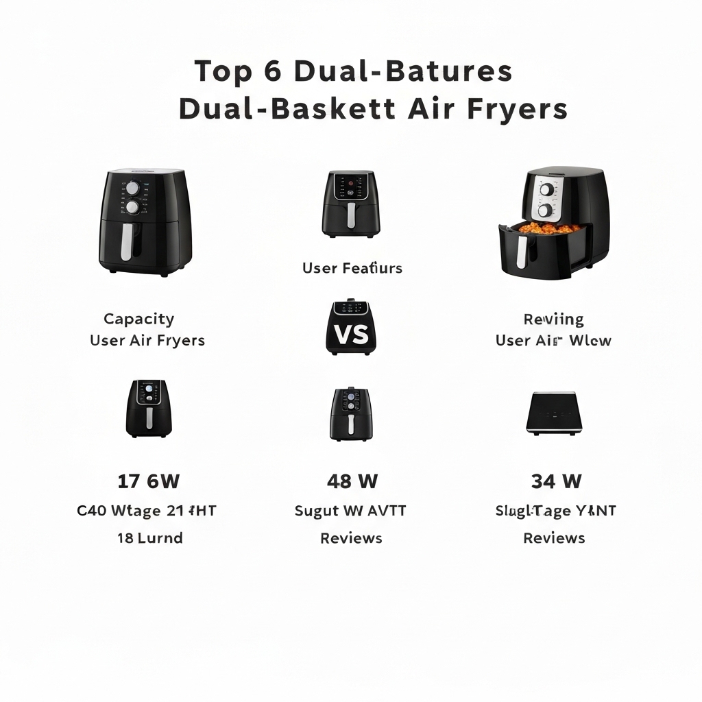Comparison infographic showing the top 6 dual basket air fryers side by side with capacity, wattage, and key feature ratings
