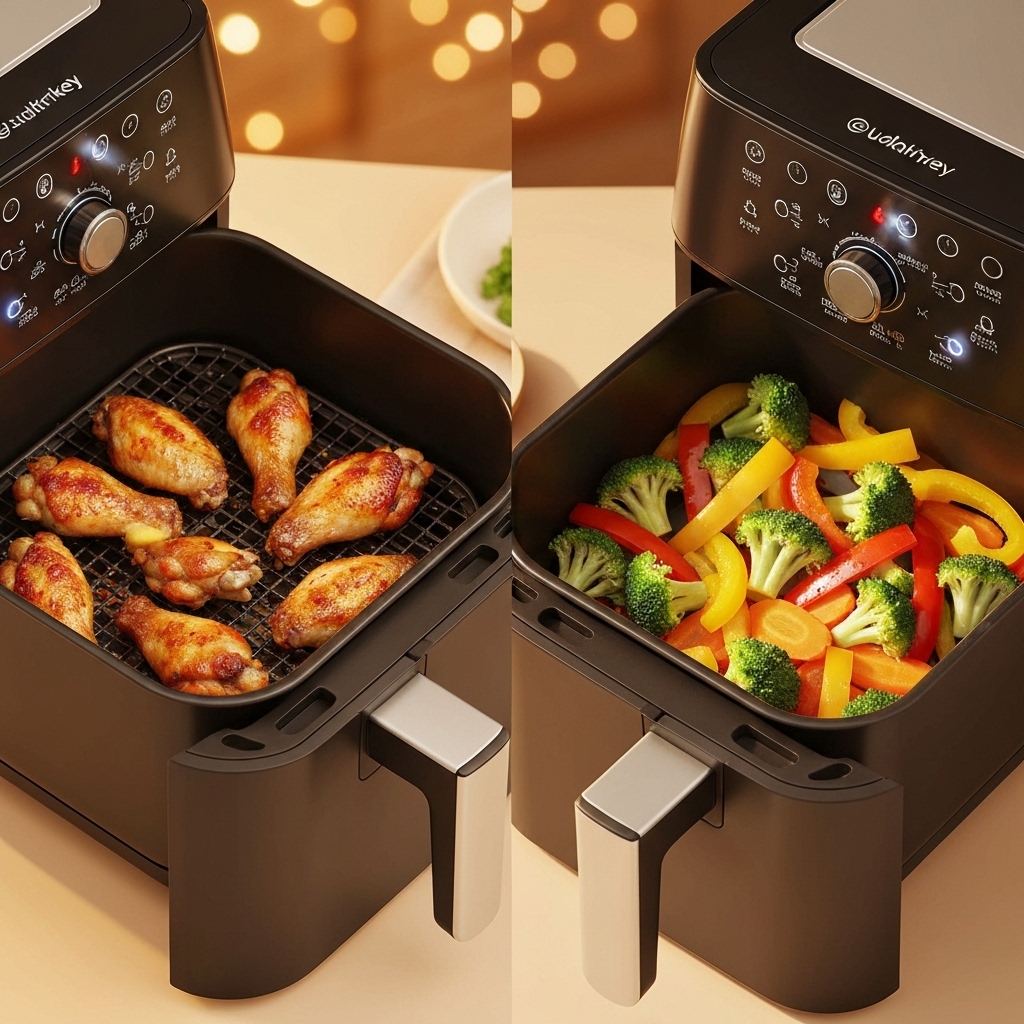 Side-by-side view showing a dual basket air fryer with chicken in one basket and vegetables in the other, both baskets pulled out