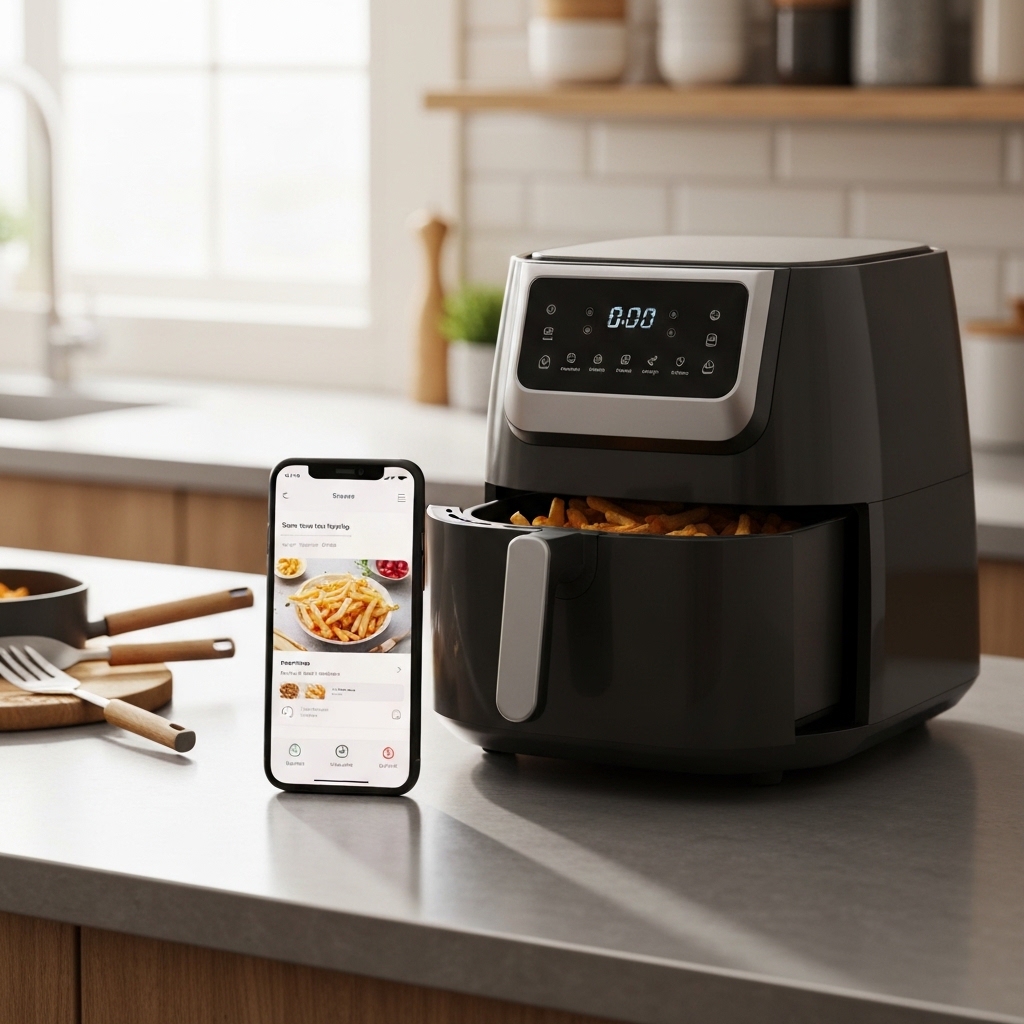 COSORI Dual Basket 9-Quart air fryer on a kitchen counter next to a smartphone showing the VeSync app