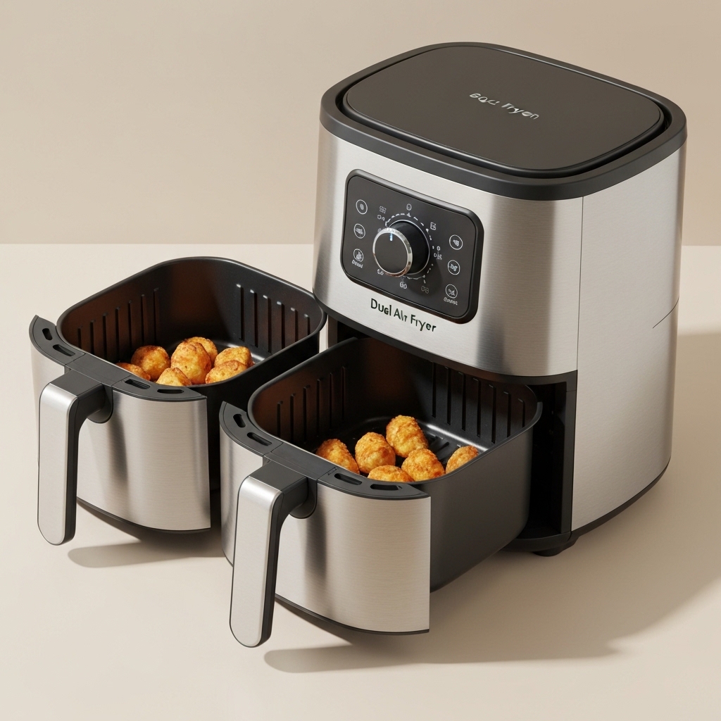 PowerXL Dual Basket 8-Quart air fryer with both baskets open showing the non-stick interior