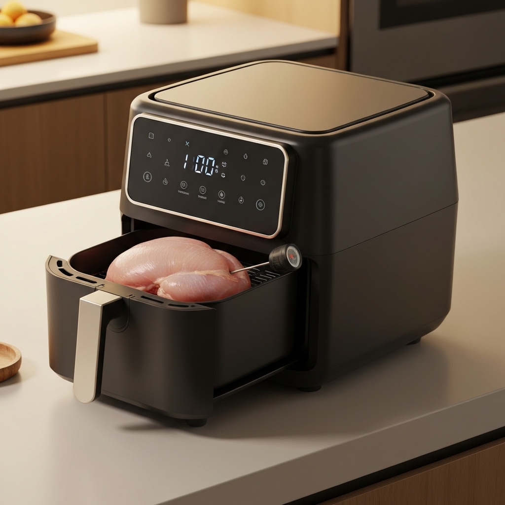 Dreo ChefMaker Dual Basket air fryer with the probe thermometer inserted into a chicken breast in the left basket