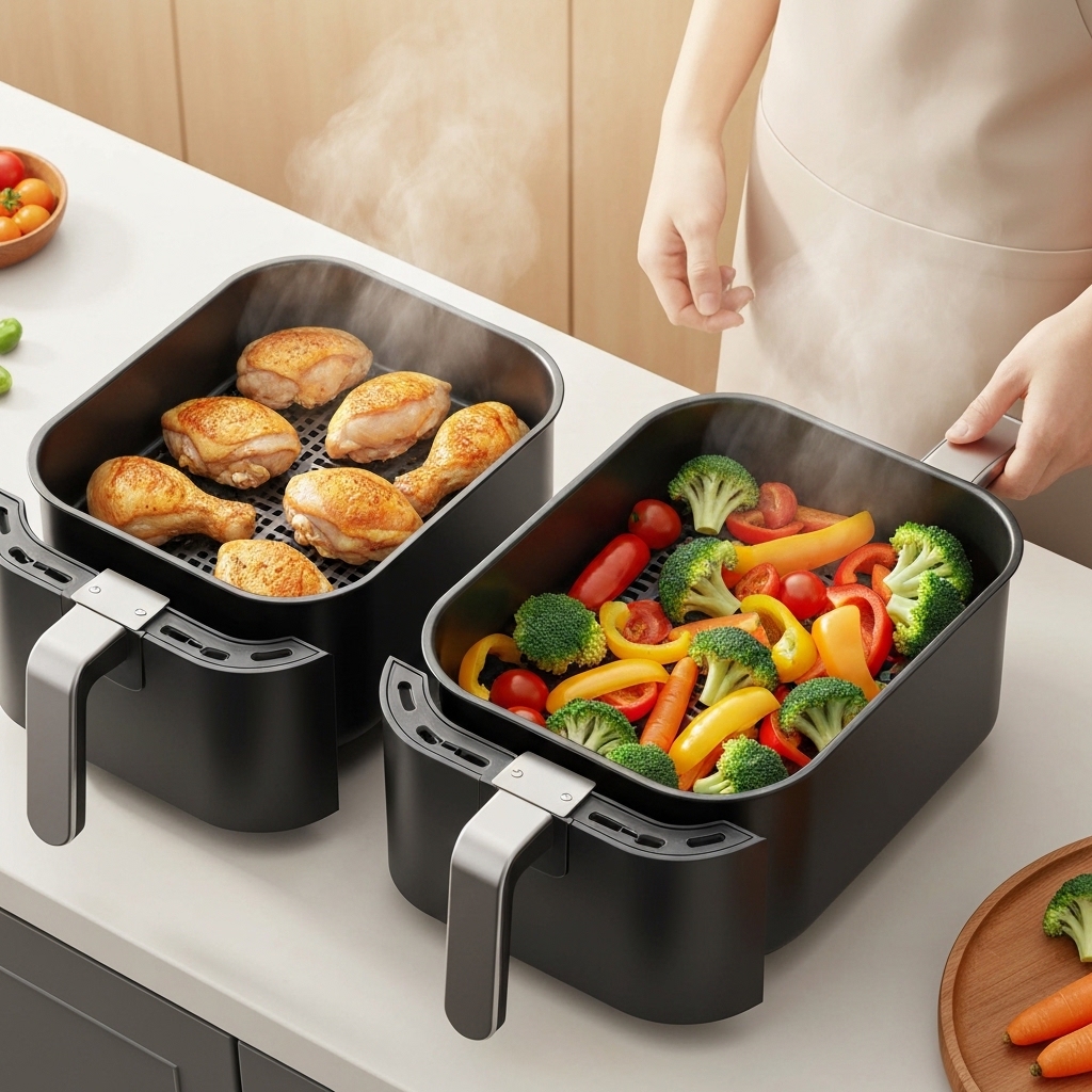 Two air fryer baskets side by side showing optimal food loading — chicken in one basket at 70% capacity, vegetables in the other at 75% capacity