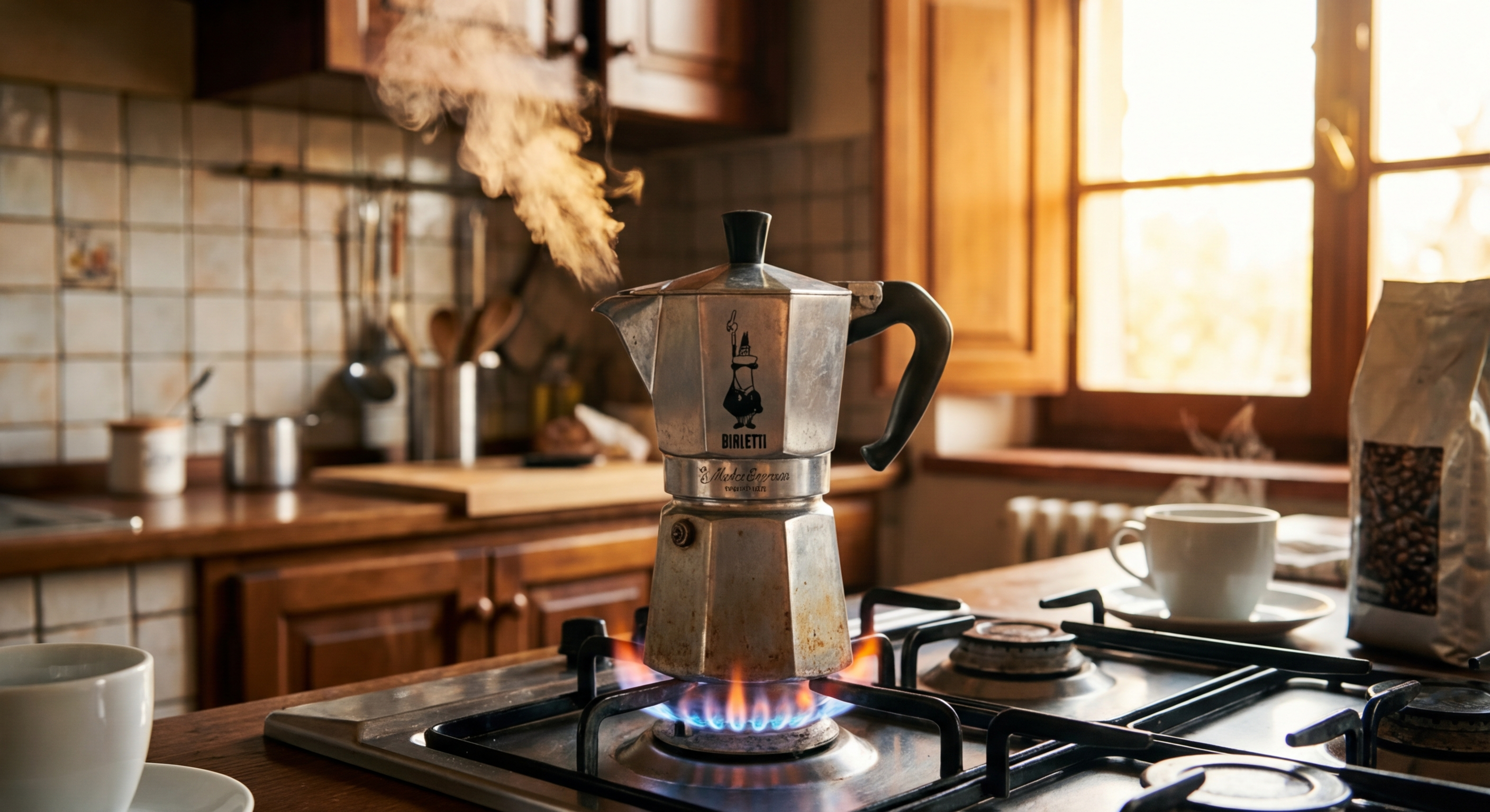Bialetti Moka Express on a stovetop with steam rising, classic Italian stovetop coffee brewing