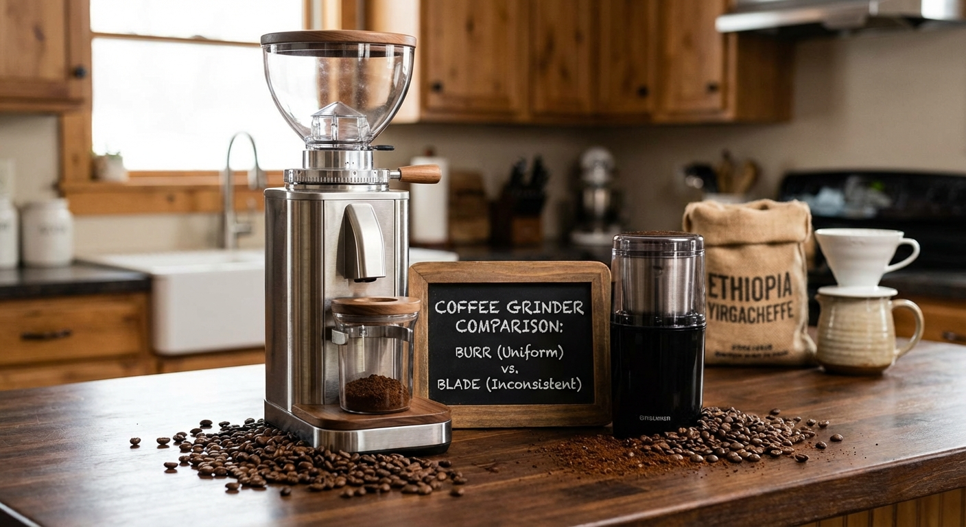 Comparison of burr grinder vs blade grinder coffee particle distribution