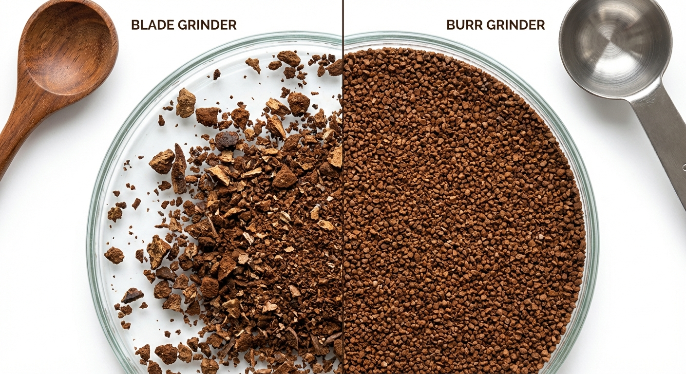 Close-up comparison of coffee grounds from a blade grinder showing uneven particles next to coffee grounds from a burr grinder showing uniform particles