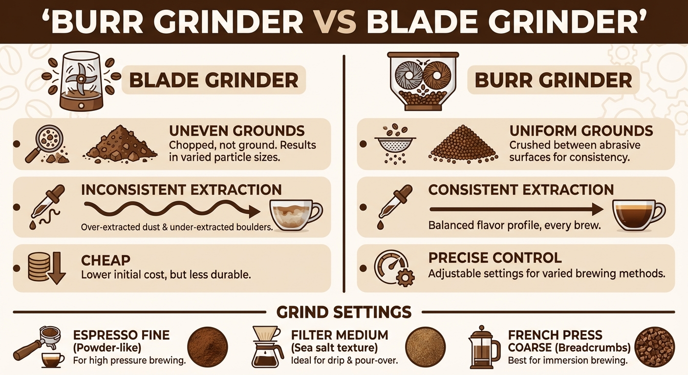 Infographic: Burr grinder vs blade grinder — comparison of grind consistency, extraction quality and price