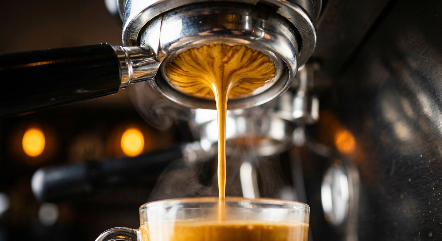 Close-up of espresso pulling through a bottomless portafilter on the Gaggia Classic Pro