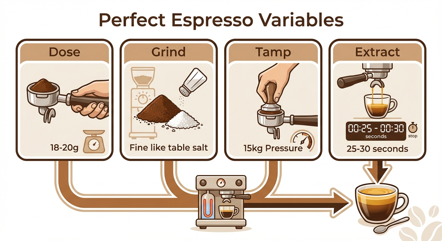 Perfect espresso variables infographic: dose, grind, tamp pressure, extraction time