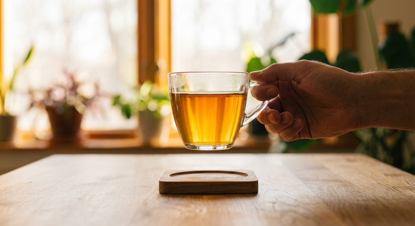 A perfectly brewed pour over coffee — clear golden amber color showing clean extraction