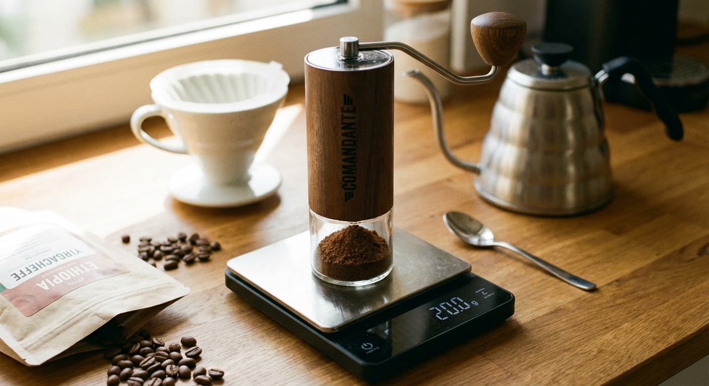 Grinding fresh beans to a medium-fine consistency for pour over brewing