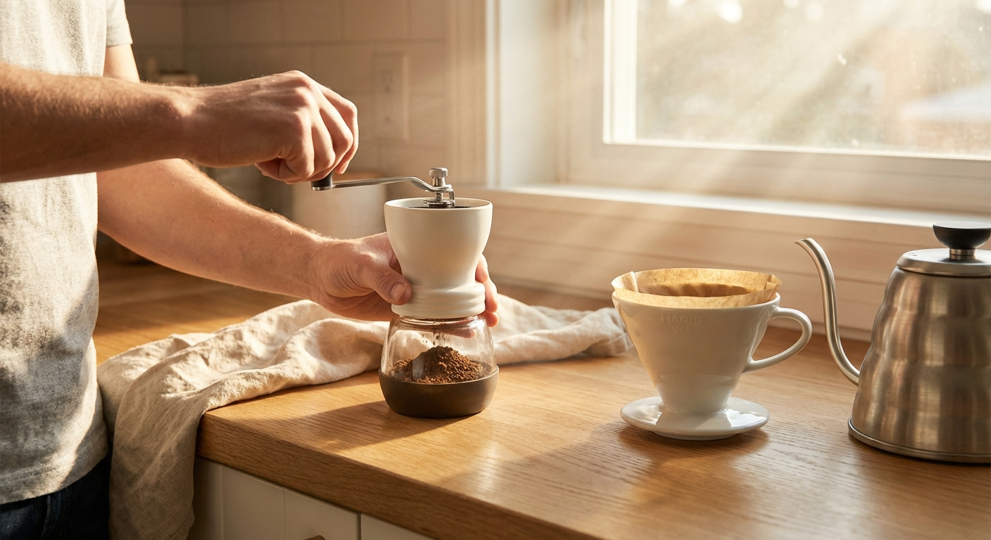 A person grinding coffee beans with a manual hand grinder on a kitchen counter next to a pour-over dripper and gooseneck kettle