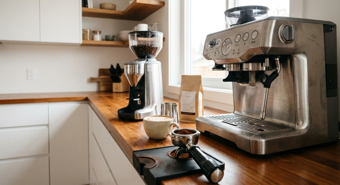 Home espresso station setup — machine, grinder and accessories on a kitchen counter