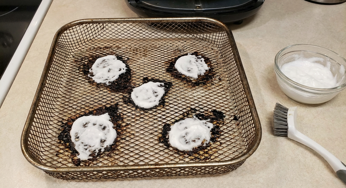 Baking soda paste being applied to air fryer basket to remove baked-on grease