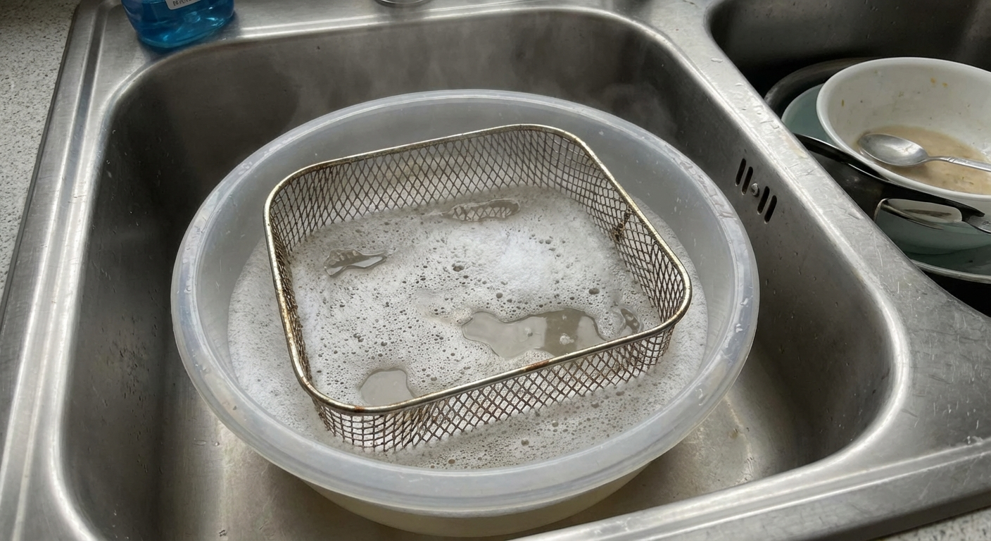 Air fryer basket soaking in hot soapy water