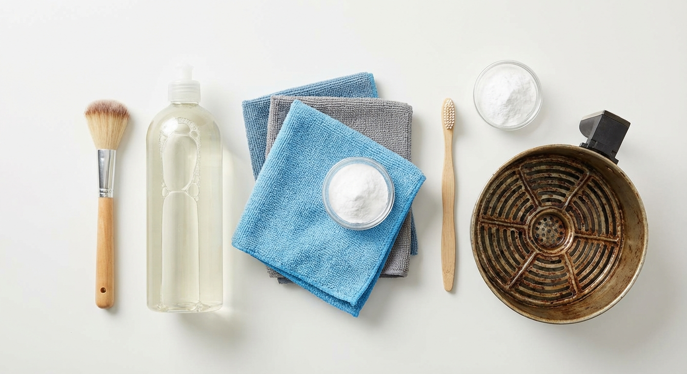 Air fryer cleaning supplies laid out: soft sponge, dish soap, baking soda, toothbrush, microfiber cloth