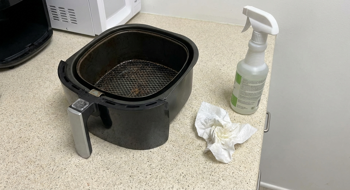Air fryer drawer with grease drippings being poured onto paper towel