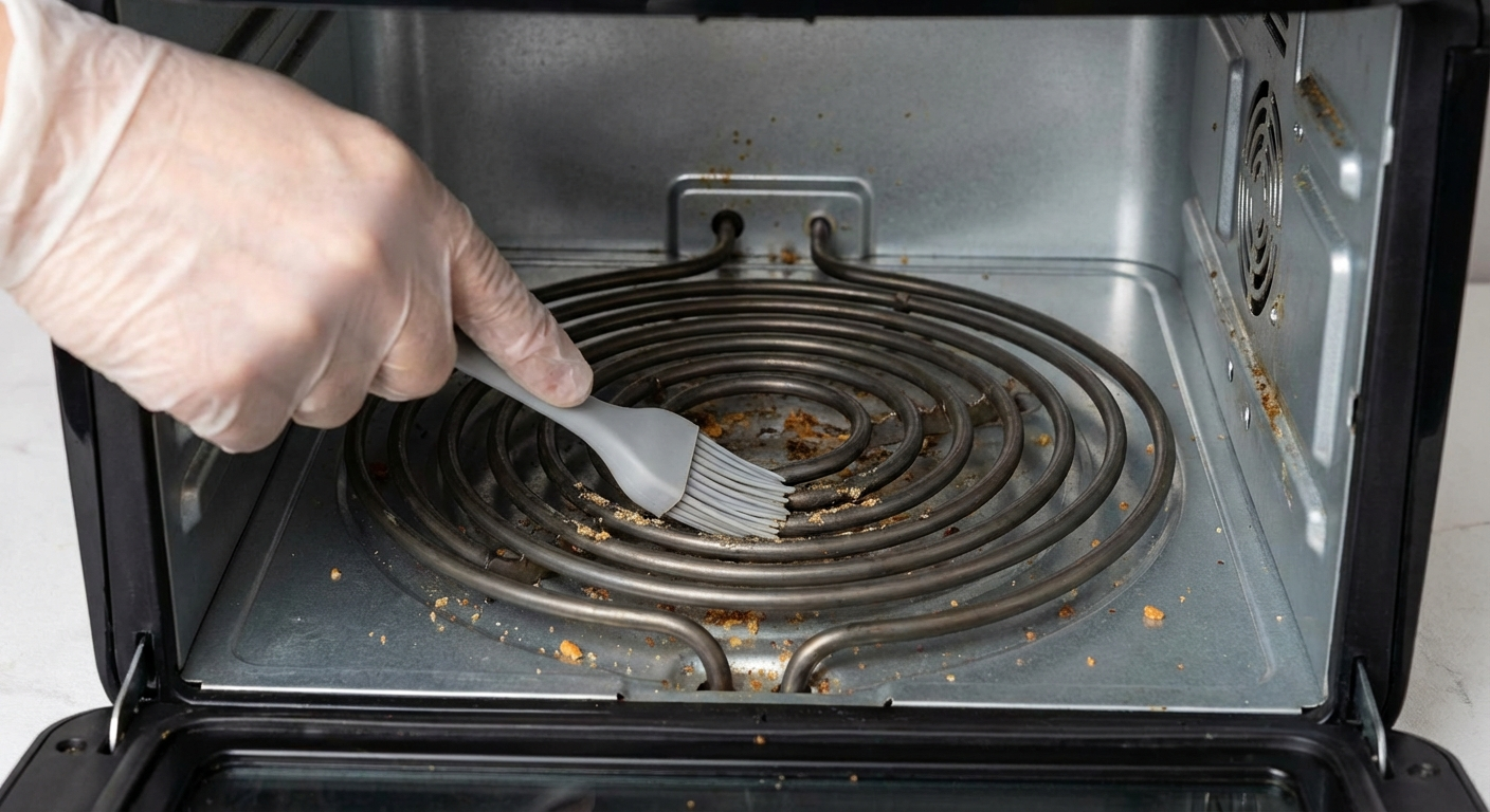 Close-up of air fryer heating element with soft brush removing debris