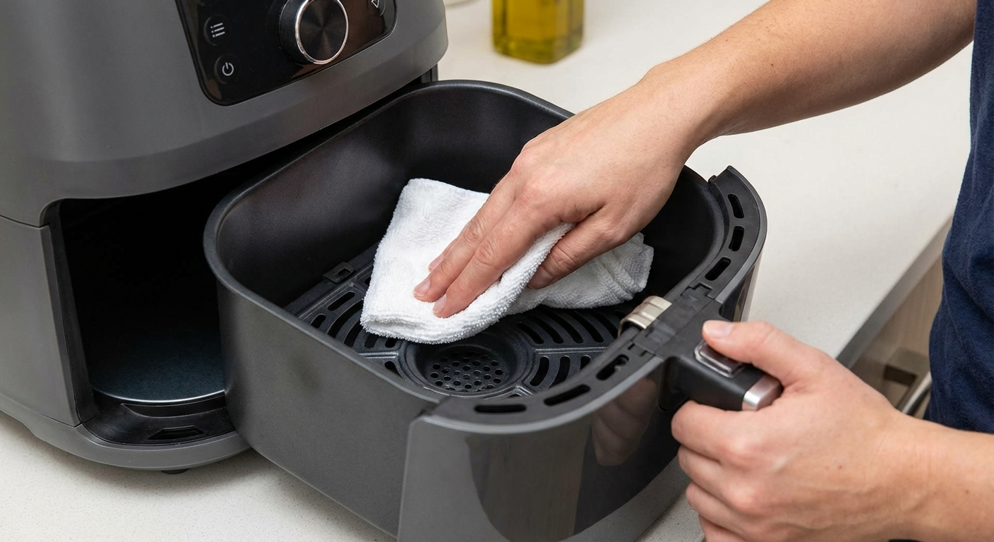 Person wiping air fryer interior walls with damp cloth