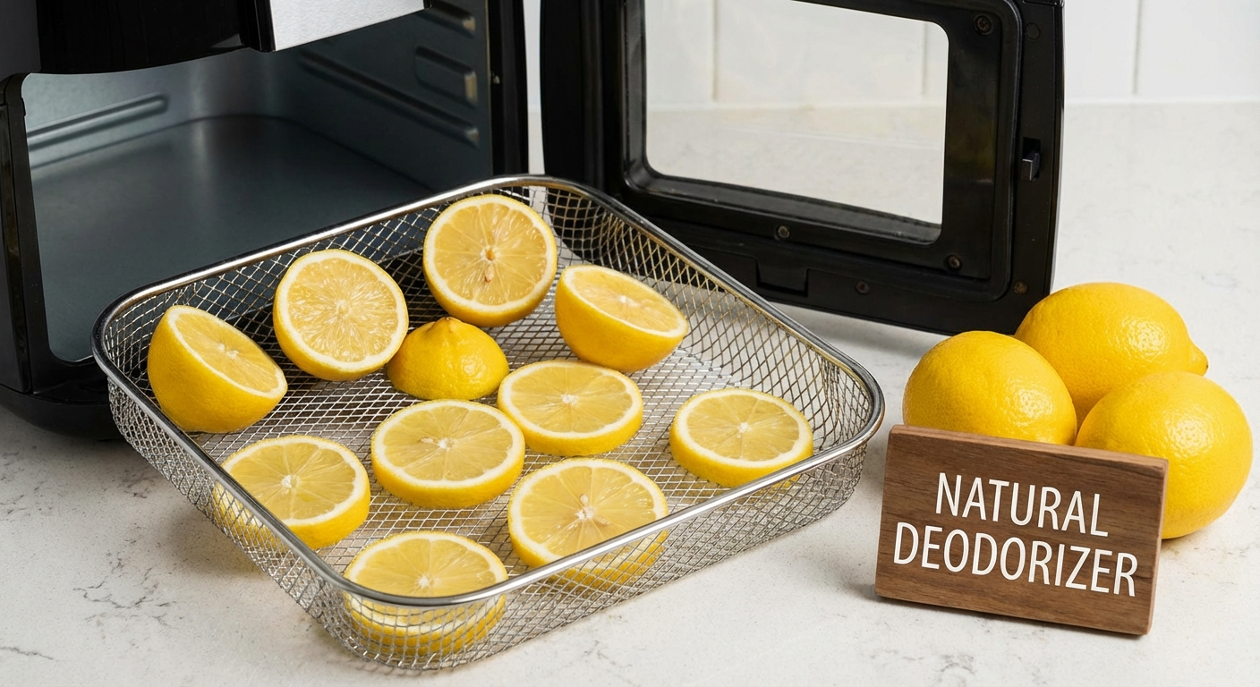 Lemon halves placed inside air fryer basket for odor removal