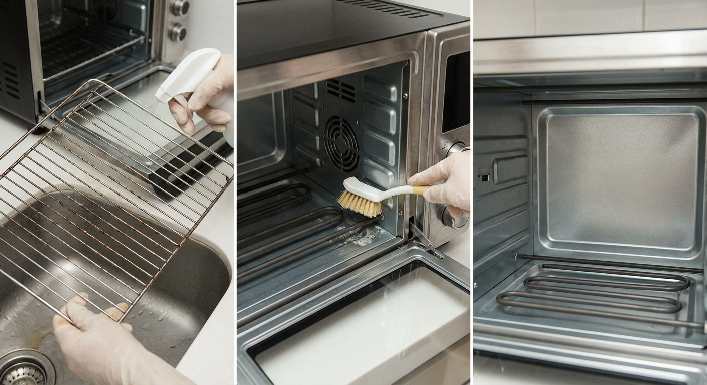 Air fryer oven interior showing wire rack, drip tray, and dual heating elements