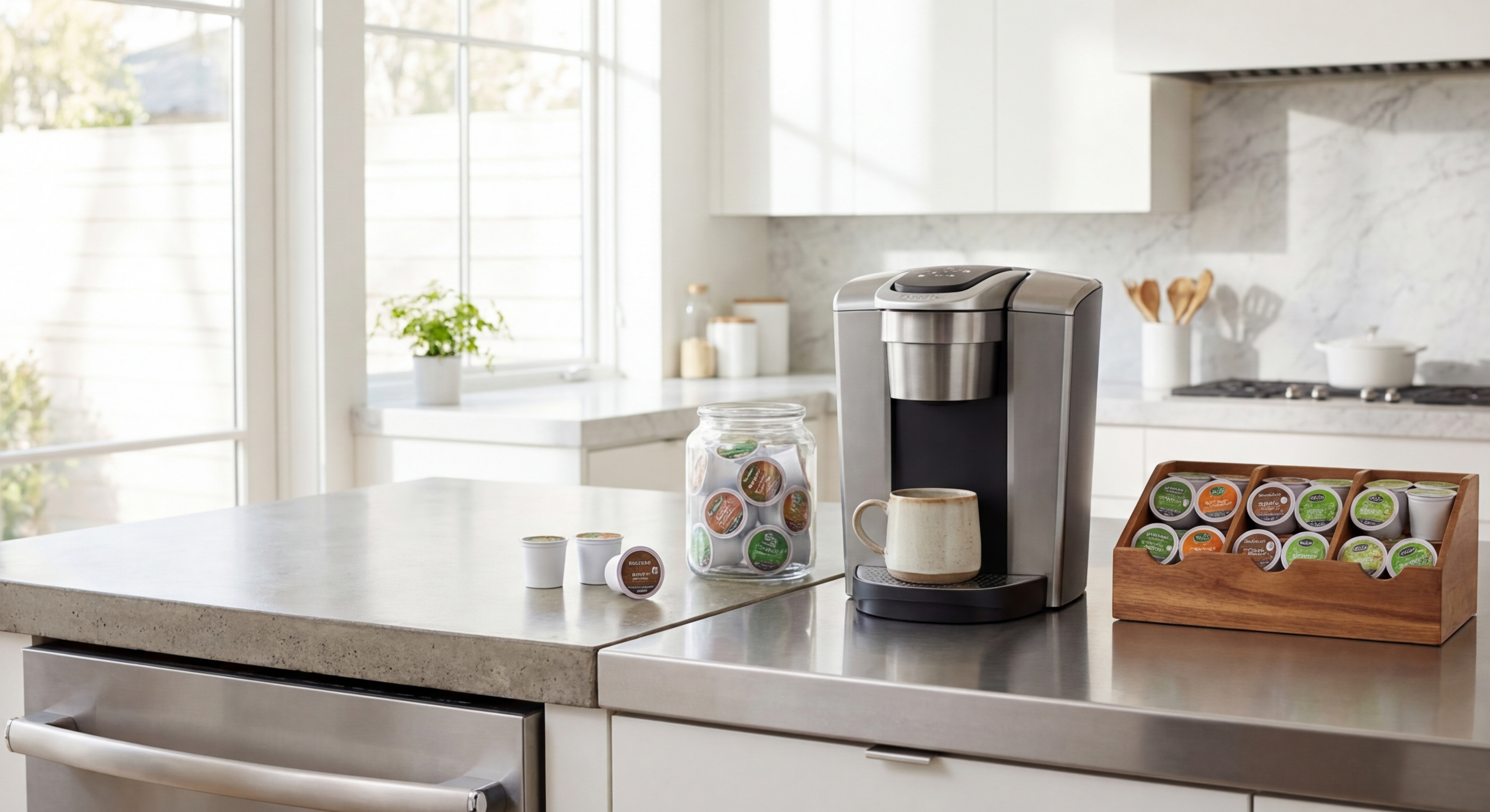 Keurig K-Elite on a kitchen counter with various K-Cup pods nearby, ready to brew
