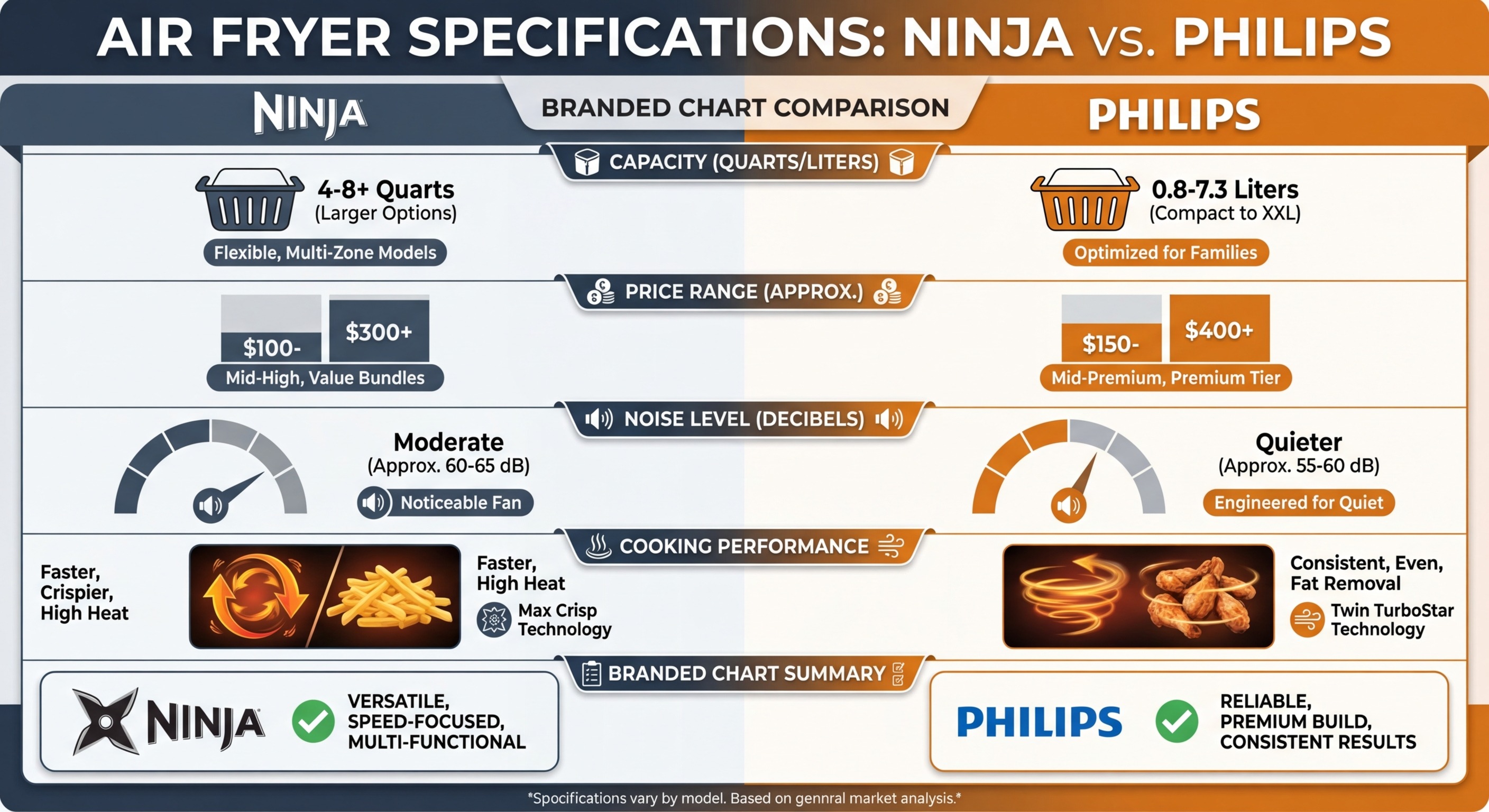 Infographic comparing Ninja and Philips air fryer specs including capacity, price, and cooking performance